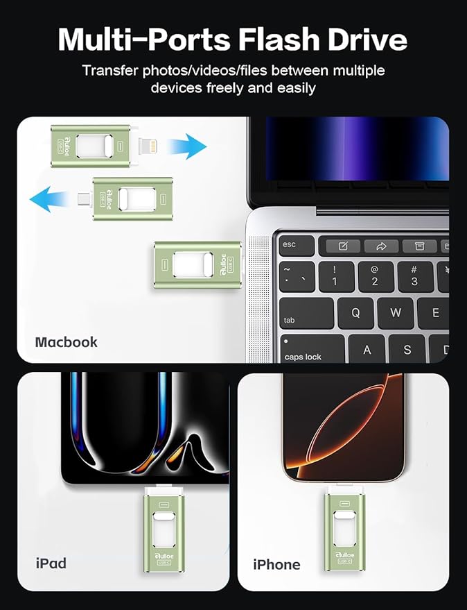 Gulloe 512GB Dual Interface Flash Drive for Phone Storage Photos Videos, Phone USB Backup External Photo Memory Stick - No App Required, Compatible with iPhone, iPad, Android & PC (Sage Green)