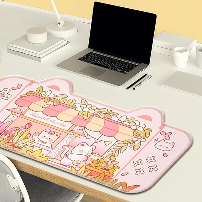 PERFECTSIGHT Cute Cat Desk Mat Kawaii Flower Store Desk Pad, Pink Switch Large Gaming Mouse Pad, Funny Florists Deskmat Mousepad, Anime Laptop Keyboard Pad Office Home Decor for Women Girls, Kitty