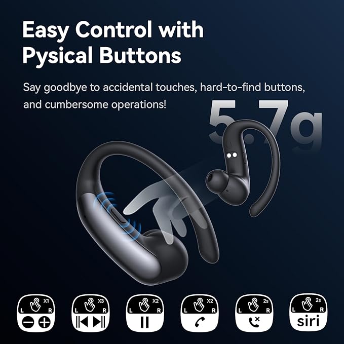 Sport Earbuds with Ear Hook 66hrs Playtime with LED Display Case, Wireless Bluetooth 6.0, Sports Over The Ear Earbuds, IPX4 Gym Workout Running Headphones, Deep Bass & Stereo Sound.