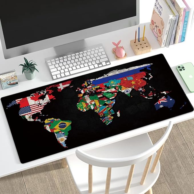 31.5x11.8 Inch Non-Slip Long Extended Large Gaming Mouse Pad with Stitched Edges XL Laptops Keyboard Mouse Mat(Black World Flag Map)