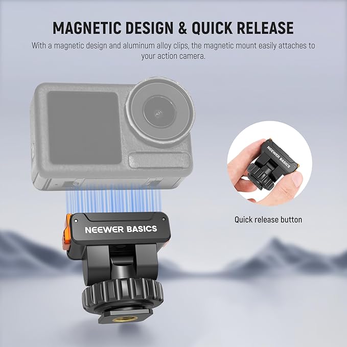 NEEWER Basics Magnetic Cold Shoe Mount Adapter Compatible with DJI OSMO Action 3 4 5 Pro Nano 360 Action Cams, Quick Release with 1/4" Screw Hole for Camera Hot Shoe Mini Tripod Selfie Stick, AC037