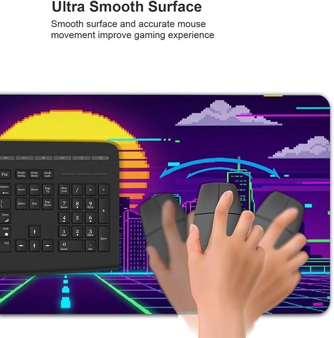 AQQA XL Gaming Mouse Pad - Retro Synthwave Pixel Art Desk Mat, Cyberpunk Neon City Sunset Design,Large Extended Mousepad with Stitched Edges,Non-Slip Rubber Base for Gamers,Home Office & Studio Decor
