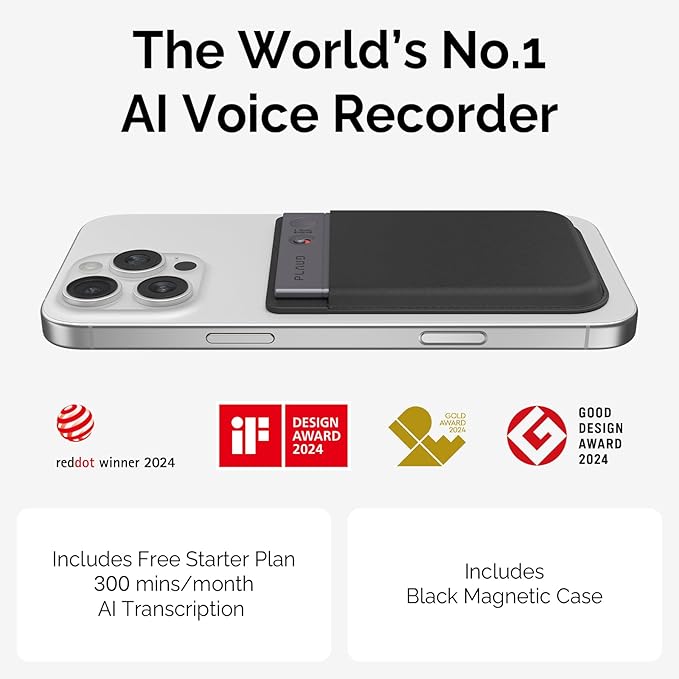 Plaud Note AI Voice Recorder Black with Black Case, App Control, AI Transcribe & Summarize, Support 112 Languages, 64GB Memory, Audio Recorder for Lectures, Meetings, Calls, Non-Pro Version