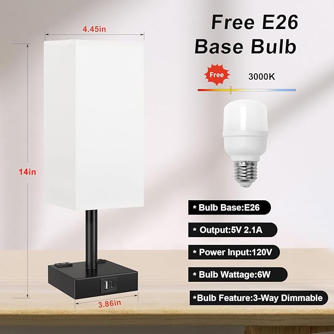 Touch Bedside Table Lamp For Nightstand - 3-Way Dimmable Night Lamp with USB A + Type C Charging Ports and two AC Outlets, Small Desk Light with E26 LED Bulb for Bedroom Living Room ,WHITE BLACK