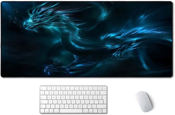 SSOIU Extended Mouse Pad, XXL Gaming Mouse Pads, Large Big Mousepad Laptop Computer Keyboard Mat Desk Pad with Non-Slip Base Stitched Edge for Gaming Office, 35.5 x 15.7 inch, Blue Dragon