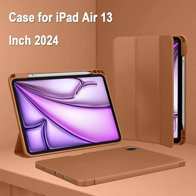 ZryXal New iPad Air 13 Inch Case M3 2025/M2 2024 with Pencil Holder, Trifold Stand Smart Case with Soft TPU Back,Auto Wake/Sleep(Brown)
