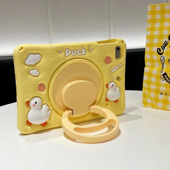 3D Cute Press Duck Case for iPad 10th Generation (2022) 10.9 inch/iPad (A16) 11th 2025 11 inch,Cartoon Character Duck Soft Silicone Rotating Stand Case with Lanyard for Kids Teens Girls Women