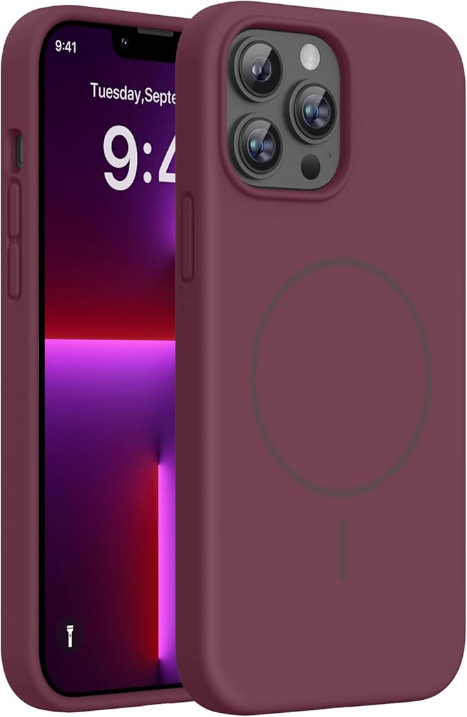 Miracase Magnetic for iPhone 13 Pro Max Case, [Soft Anti-Scratch Microfiber Lining], Magnetic for MagSafe, Liquid Silicone Shockproof Drop Protection Phone Case for 13 Pro Max, Wine Red