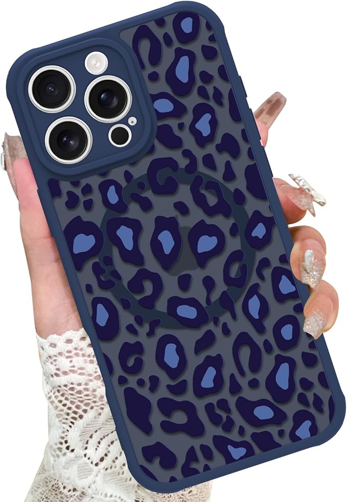 KANGHAR Case for iPhone 16 Pro Max Blue Leopard Printed Pattern Cute Cheetah [Compatible with Magsafe] Protective Magnetic Case for Girls Women 6.9"