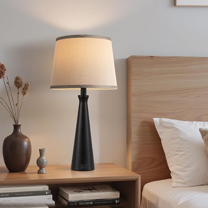 Seealle Modern Table Lamps Set of 2 - Touch Bedside Lamp for Nightstand with Dual USB C+A,3-Way Dimmable Nightstand Lamps for Living Room Bedroom End Table with Grey Shade(Bulb Included)