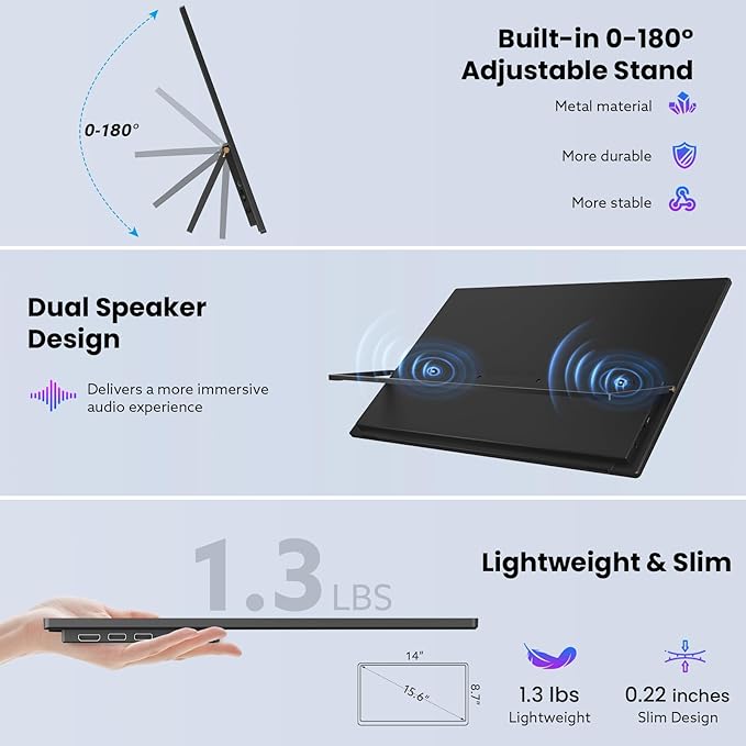Portable Monitor Touchscreen 15.6'' FHD 1080P USB-C HDMI Ultra-Slim Gaming Display, Built-in Stand Speakers HDR IPS,for Laptop PC Mac Phone PS4/5 Travel Monitors (1080p Touchscreen, 15.6")