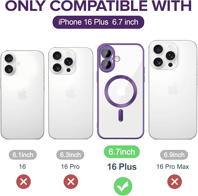 Hython Magnetic Clear for iPhone 16 Plus Case with Camera Lens Protector [Compatible with MagSafe] Luxury Plating Edge Slim Soft TPU Cover Protective Phone Case for iPhone 16 Plus, Matte Purple