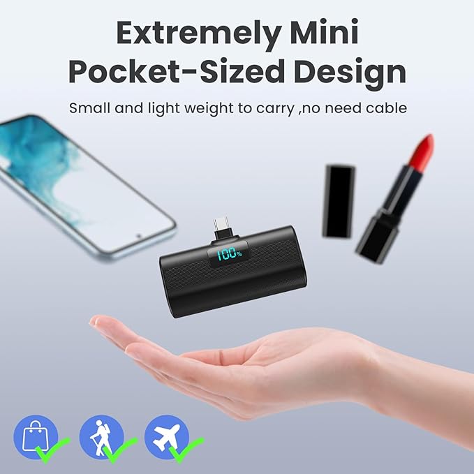 [2-Pack]Small Portable Charger 5200mAh, Upgraded PD USB C Power Bank Built-in USB-C Connector,LCD Display Battery Pack Compatible with iPhone 15/15 Plus/15 Pro/15 Pro Max/Samsung Android(Black+Purple)