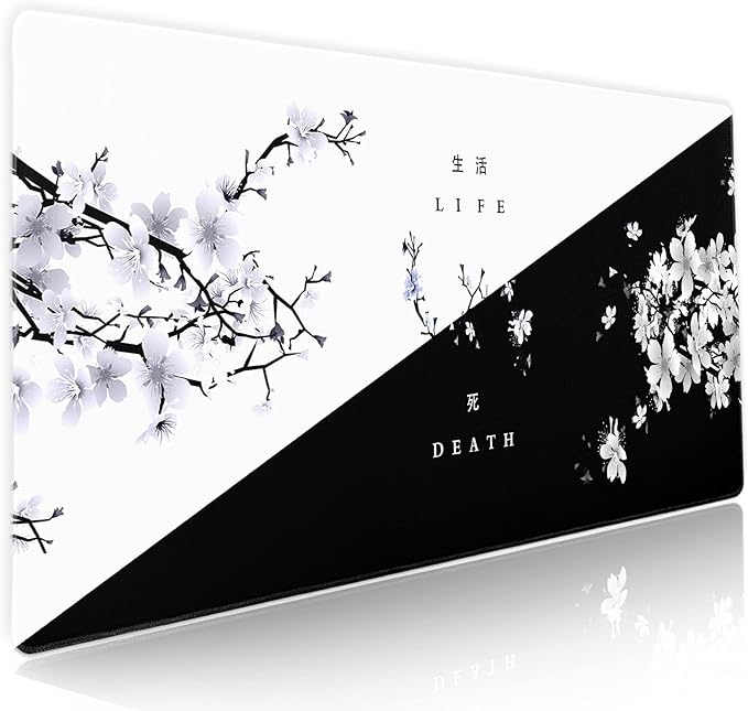 Black White Cherry Blossom Mouse Pad Japanese Sakura Death Life Flower Extended Desk Mat 90X40 CM Non-Slip Rubber Base Stitched Edge Large xxl Playmat for Gaming Laptop Computer Desktop 35.4×15.7 Inch