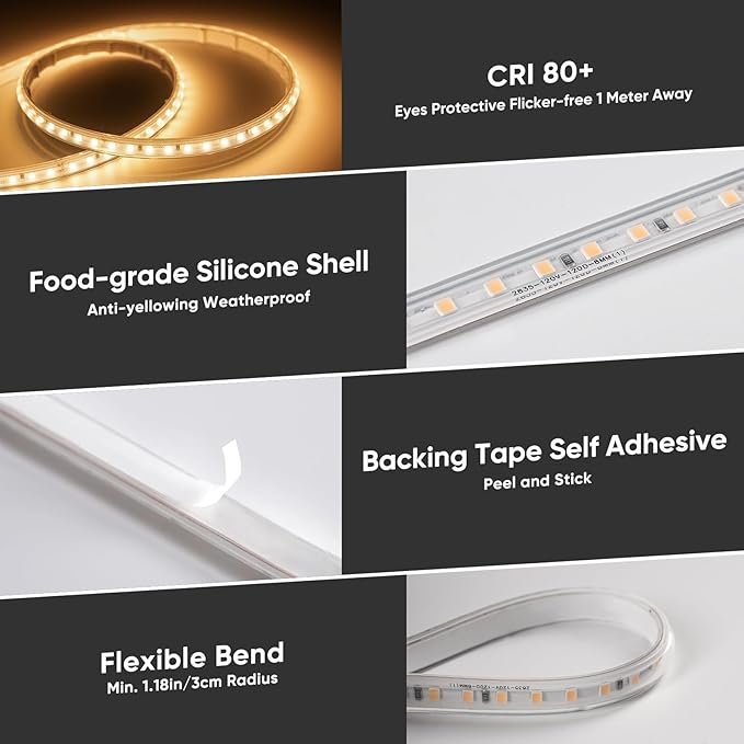 Shine Decor LED Strip Light Super Bright 4000LM, Plug&Play 120V Driverless Easy Wiring, Flicker Free Weatherproof for Outdoor Indoor, Min. 3.9” Cuttable Stickable, 2800K Warm White 16FT ETL Listed