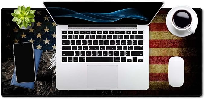 SSOIU Extended Gaming Mouse Pad - Non-Slip Water-Resistant Rubber Base Computer Keyboard Mouse Mat, 35.5x15.7-inch XX-Large Desk Mat, Ideal Partner for Work & Game, American Bald Eagle on Grunge Flag