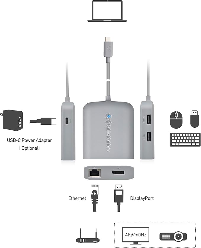 Cable Matters USB C Hub DisplayPort, 4K@60Hz (USBC DisplayPort Hub), 100Mbps Ethernet, 2X USB, 60W Host Charging in Gray - Thunderbolt 4 / Thunderbolt 3 Port Compatible for MacBook Pro
