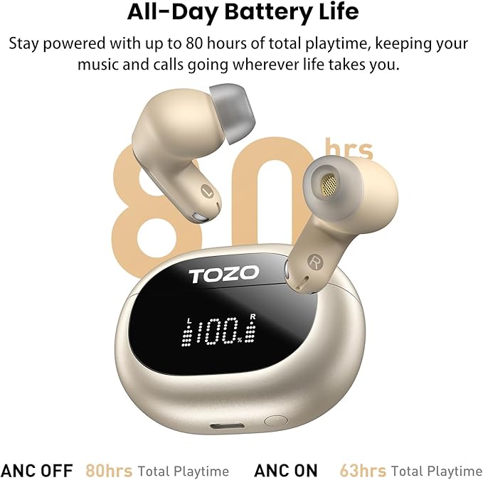 TOZO NC20 Active Noise Cancelling Wireless Earbuds, LDAC Hi-Res Sound Bluetooth Headphones, 6 Mics AI Call Ear Buds 80H Playtime, Dual Pairing, 32 EQ via App, IPX8 Waterproof, Wireless Charging Case