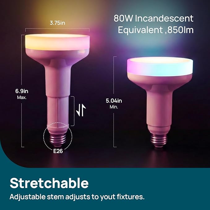 Linkind Matter BR30 Smart Light Bulbs with Stretchable Design & 4-Zone Aurascape Color, 850LM Recessed Smart Flood Light Bulb, Works with Alexa/Apple Home/Google Home, Music Sync Light Show, 2 Pack