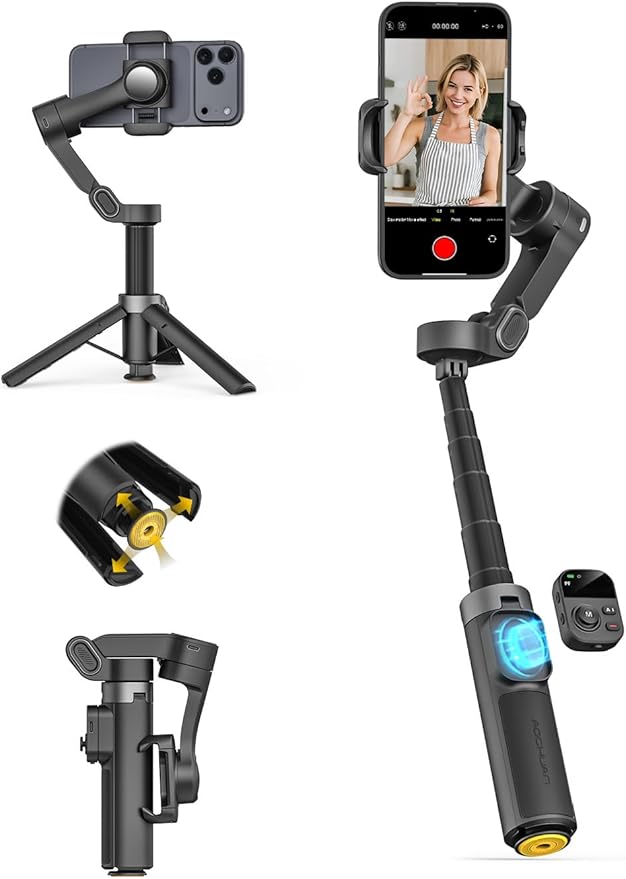 AOCHUAN 3-Axis Gimbal Stabilizer for iPhone w/360° Face Tracking, Smartphone Gimbal w/One-Tap Open Tripod, Gesture Control, Phone Stabilizer w/Magnetic Remote Control & 20" Extension Rod,Smart X3