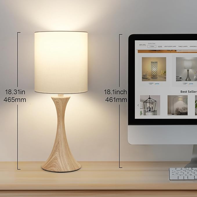 Bedside Touch Lamp, 3 Way Dimmable Touch Control Table Lamp, Wood Grain Farmhouse Table Lamp, Modern Nightstand Lamp with White Shade for Bedroom, Dorm, Office, 3000K LED Bulb Included