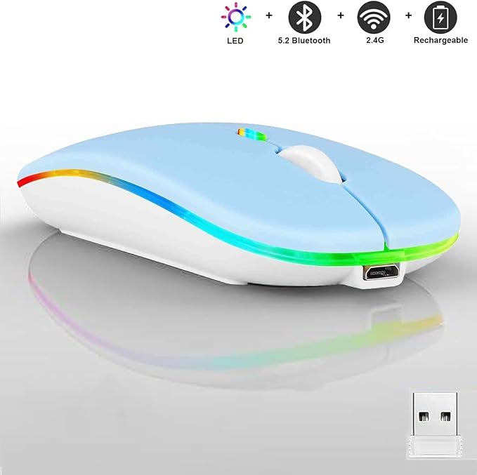 Guiheng Wireless Bluetooth Mouse,LED Dual Mode Rechargeable Silent Slim Laptop Mouse,Portable(BT5.2+USB Receiver) Dual Mode Computer Mice,for Laptop,Desktop Computer,ipad Tablet,Phone,TV (Blue)