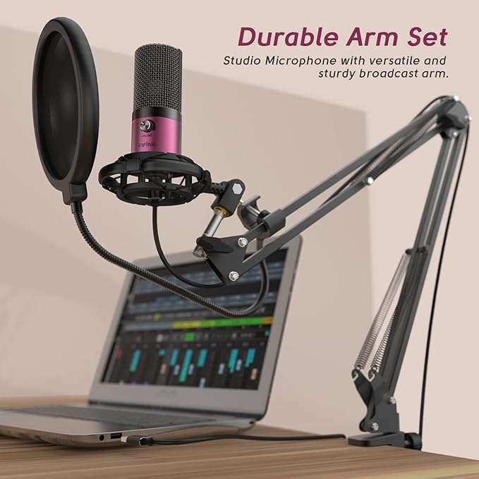 FIFINE Podcast Microphone Kit-USB PC Computer Recording Microphone, Condenser Mic Set for Streaming, Gaming, Voice-Over, Meeting, with Arm Stand, Shock Mount, Pop Filter-T669 Rose Red