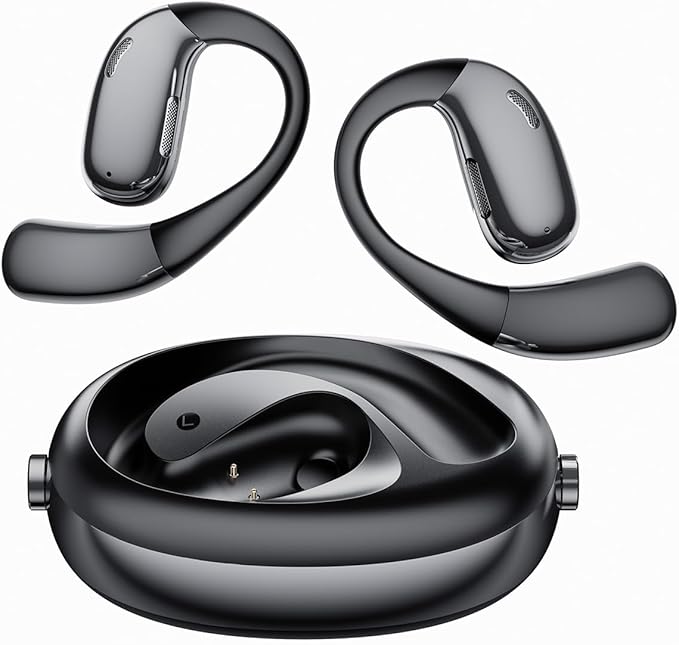 Open Ear Headphones, Bluetooth Headphones 50H Playtime with Noise Canceling Mic Headsets, Wireless Earbuds Lightweight Design Fit Cycling, Running, Workout (Black)