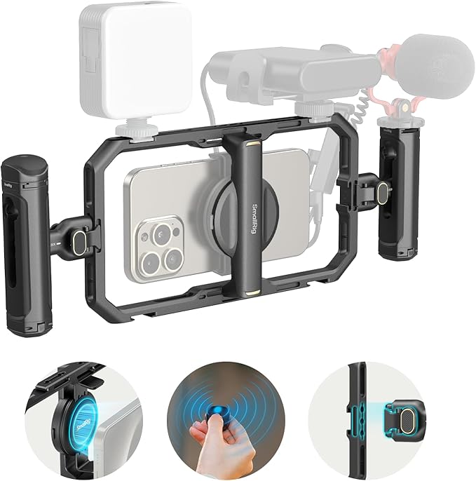 SmallRig Universal Quick Release Phone Cage Kit Basic, Aluminum Smartphone Video Rig Kit with Wireless Control Dual Handles and Phone Clip, for MagSafe, for iPhone 17 16 15 for Samsung for Pixel