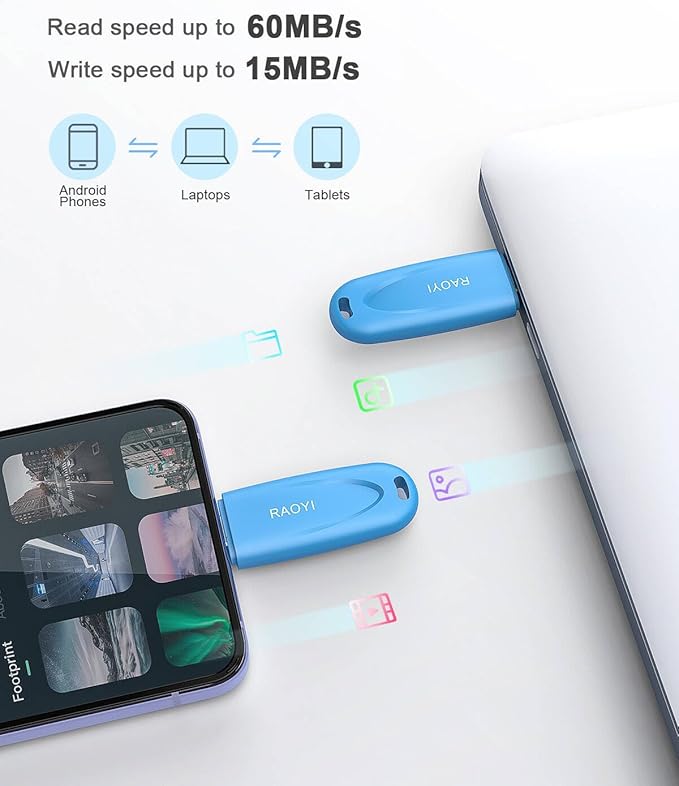 RAOYI 64GB Type-C Flash Drive USB 3.0 USB C Flash Drive Type C Thumb Drive Portable Memory Stick with Keyring Hole High-Speed Pen Drive for Laptop Smartphone Tablet Mac USB-C Devices, Blue