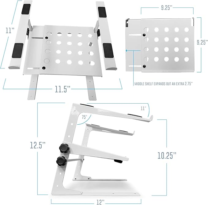 AxcessAbles Two-Tier Adjustable DJ Stand with Clamps | For Controllers and Laptops up to 20lbs.| Controller Stand Compatible with DDJ-REV1, DDJ-FLX4, Party Mix | (LTS-03 White)