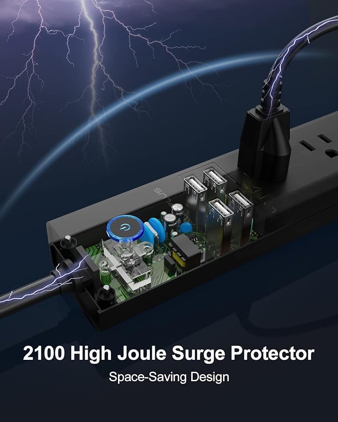 15 Ft Power Strip Surge Protector, 6 Outlets and 4 USB Ports, Flat Plug Power Strips Long Extension Cord with Overload Protection, Wall Mount for Home, Office, Dorm, ETL Listed