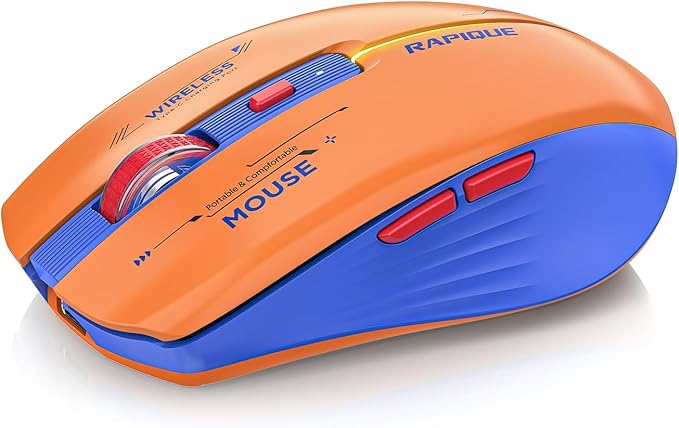 RAPIQUE Bluetooth Wireless Mouse - (BT1/BT2+USB Receiver) Dual Mode, Rechargeable, Quiet Click, Multi-Device Compatibility for Laptop, Computer, MacBook, Tablet (Blue and Orange)