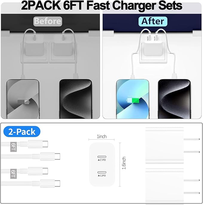 iPhone 17 16 15 Charger,USB C Charger Fast Charging,2Pack Dual Port Fast Wall Chargers Block with 6FT USB C Cable for iPhone 17e/17 Pro Max/17 Pro/Air/16Pro Max/16 Plus/16e/15/iPad Pro/Air/Mini/AirPod
