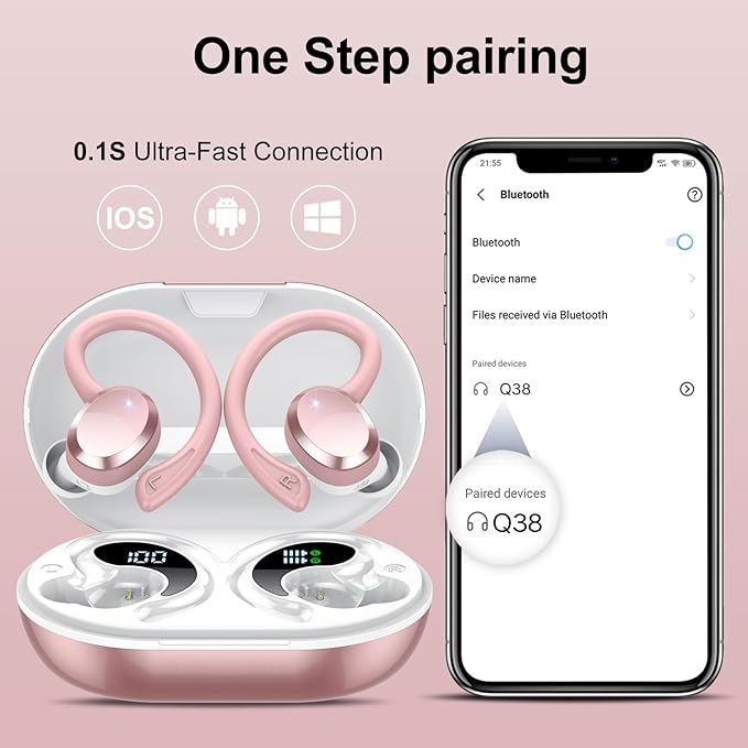 sprtoybat Wireless Earbuds, 2026 New Bluetooth 5.4 Headphones Sport Earphones with 68Hrs Playtime LED Display ENC Noise Cancelling Mic, IPX7 Waterproof Over Ear Ear Buds with Hook for Sports/Running