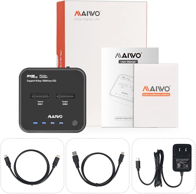MAIWO K3016P Dual-Bay M.2 NVMe Docking Station, USB-C 3.1 Gen2 10Gbps, Offline One-Key Clone, Tool-Free SSD Enclosure for 2242/2260/2280/22110 PCIe NVMe SSDs – Compatible with Windows/Mac/Linux
