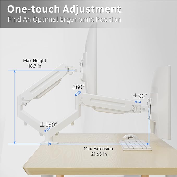 Suptek Monitor Mount Gas Spring Monitor Arm Desk Mount Fully Adjustable Fits 17 20 22 23 24 26 27 32 35 inch Monitors Weight Capacity up to 24.25 lbs, White