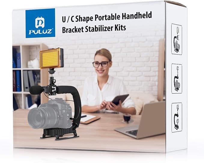PULUZ U/C Shape Video Action Stabilizing Handle Grip Handheld Stabilizer Kit with Phone Clamp & Quick Release Buckle & Long Screw for Canon Sony Nikon Cameras and Home DV Camera Smartphones
