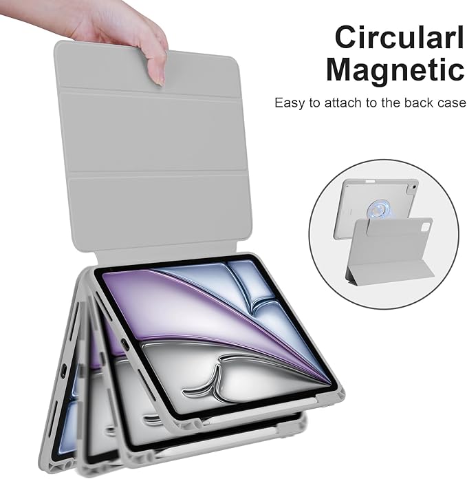 Case for iPad Air 13 Inch M4/M3/M2 2026/2025/2024, iPad Pro 12.9 Inch 6th/5th Gen. 2022/2021 with Pencil Holder, Vertical Stand, Detachable Magnetic Trifold Stand Case,Auto Wake/Sleep, Gray