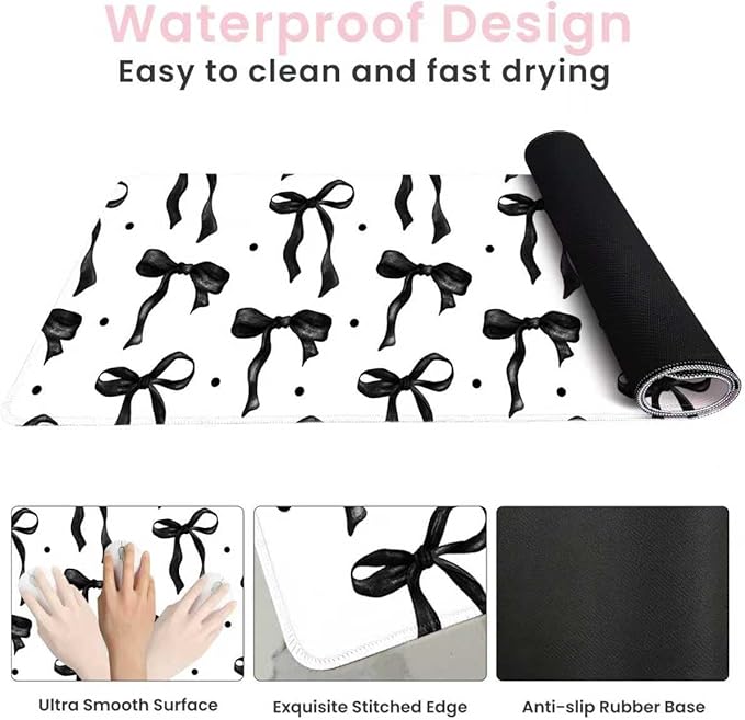 White Mouse Pad with Black Bows, Large Desk Mat Mouse Keyboard Mat for Computer Laptop Non-Slip Rubber Base, Cute Bow Office Mat Girly Desktop Accessories Office Supplies for Girls Women 31.5 x 11.8