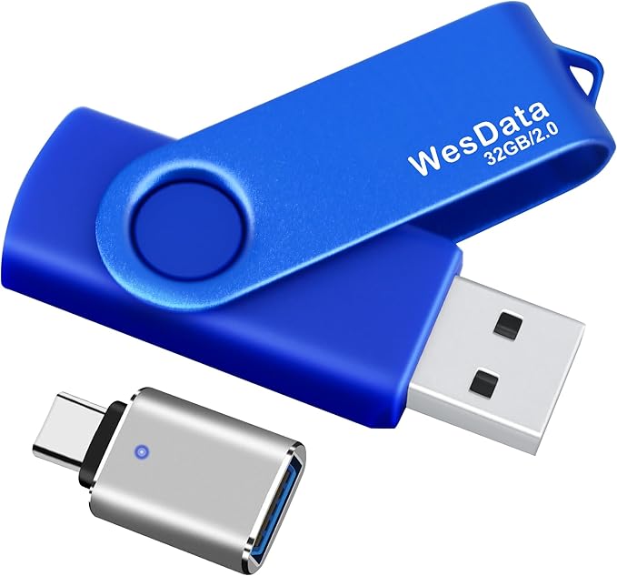 32GB USB 2.0 Flash Drive and 1 USB C Adapter, Thumb Drive USB Memory Stick Jump Drive, Compatible with OTG Type C Phones, Tablets, Laptop, PC (Blue)