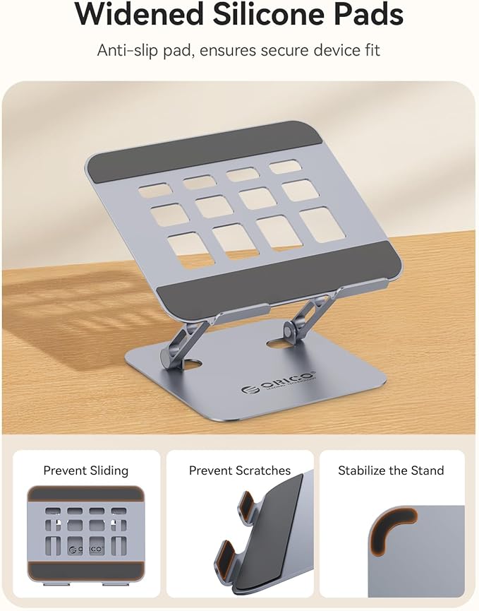 ORICO Ergonomic Laptop Stand for Desk, Height Adjustable Aluminum Alloy Laptop Stand Riser, Foldable Computer Holder Compatible with MacBook, Dell XPS, HP up to 17” - ST11, Gray