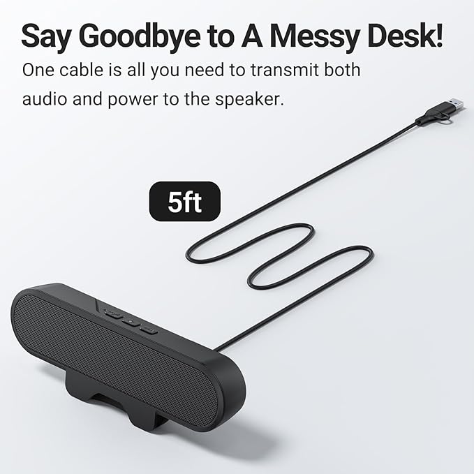 Inwa Computer Speakers for Desktop PC, USB Monitor Speaker Bar with Clip-On, Wired Desk Speakers with HD Stereo Loud Sound, Laptop Speaker Mini Sound Bar, Easily Clamps to Monitor