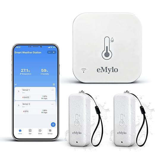 eMylo WiFi Thermometer Hygrometer 3 Pack, Smart Indoor Temperature Humidity Sensor with 2 IP65 Outdoor Sensors, App Alert, Data Export, 492ft Range, 2.4GHz Only for Home Greenhouse Monitoring