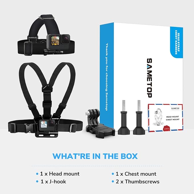 Head Mount Strap Chest Mount Harness Chesty Kit Compatible with GoPro Hero 13, 12, 11, 10, 9, 8, 7, 6, 5, 4, Session, 3+, 3, 2, 1, Hero (2018), Fusion, Max, DJI Osmo Action Cameras