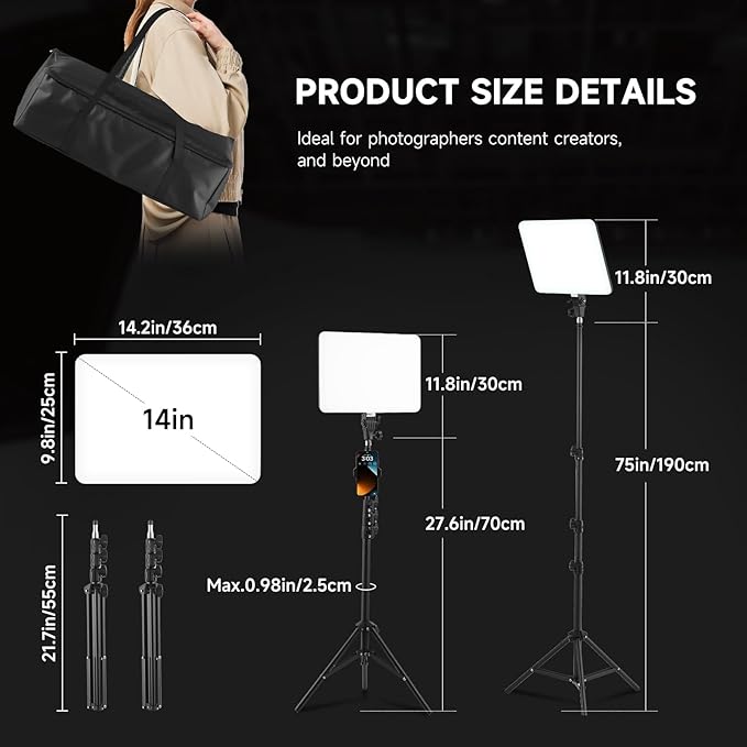 2-Pack LED Video Light Kit, 14 Inch 2700K-6500K Studio Lights with 70.8" Tripod Stand, Photography Lighting Kit with Phone Holder, 50W Stream Light for Video Recording, Photography, YouTube, TikTok
