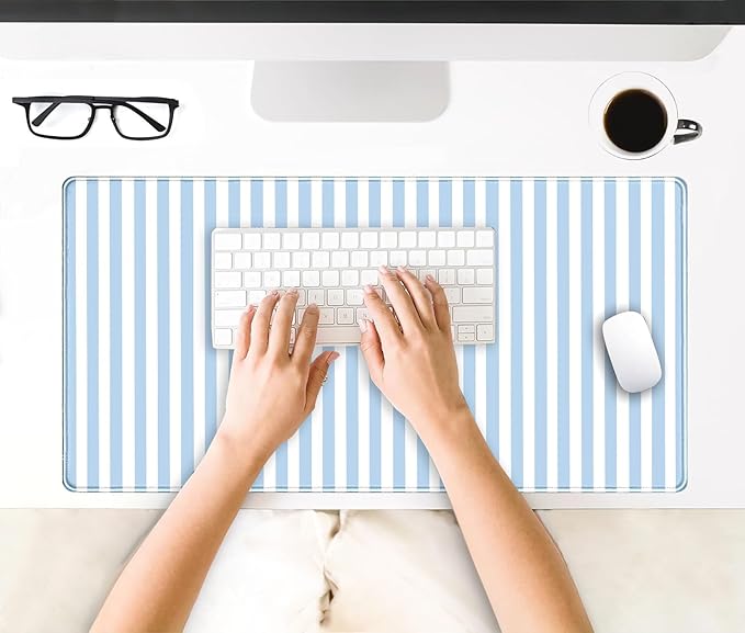 Blue Striped Desk Mat Cute Pastel Large Mouse Pad Kawaii Aesthetic Extended Mat for Home Office Desk Decor Cozy Gaming Keyboard Pad 31.5 X 15.7