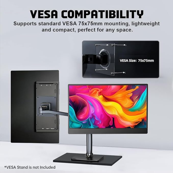 14 inch Ultra-Slim Portable Monitor 1920x1080 IPS HDR Wide Screen USB-C HDMI VESA External Display Plug&Play for Laptop PC Phone