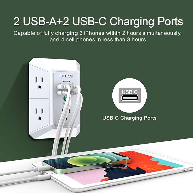 USB Wall Charger, Surge Protector, QINLIANF 5 Outlet Extender with 4 USB Charging Ports(2U2C) 3-Sided 1680J Power Strip Multi Plug Outlets Wall Adapter Spaced for Home Travel Office, White