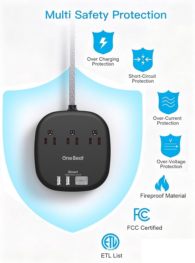 10 Ft Long Extension Cord, Cruise Ship Travel Essentials, 22.5W/4.5A Flat Plug Power Strip with 3 Outlets 4 USB Ports (2 USB C), 10ft Black Power Strip No Surge Protection, Desktop Charging Station